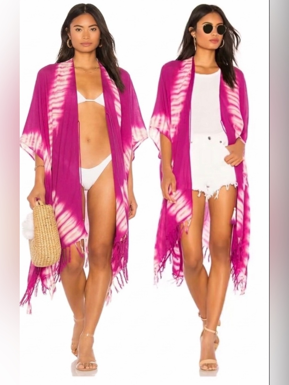 NWT Michael Stars Elderberry & White Tie-Dye Fringe Swim Cover-Up/Kimono - One S